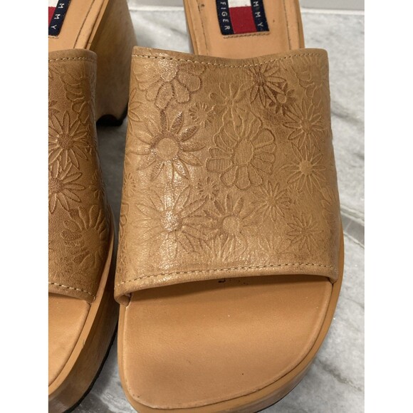 Vtg Y2K Tommy Hilfiger Platform Wooden Sandals Chunky Heel 7 Floral Hippie Boho - Picture 6 of 16
